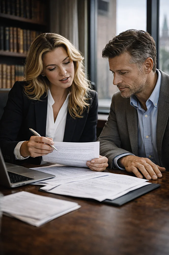 Juridisch adviseur bespreekt contract met cliënt tijdens strategisch juridisch advies in Nederland